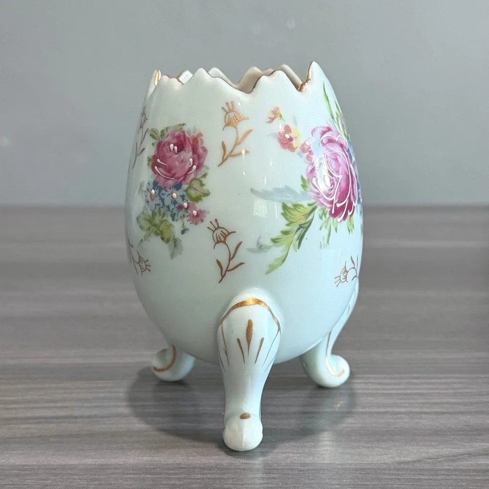 Vtg NAPCO National Potteries Footed Egg Planter Rose Floral Porcelain Vase Japan